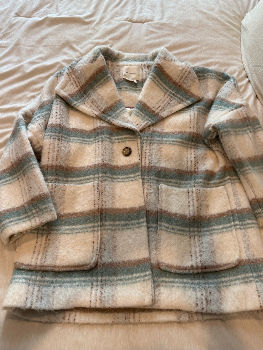 Anthropologie Cream Plaid Pea Coat with Teal and Tan Stripes